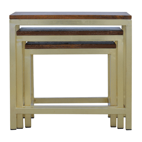 Golden Frame Nest Of 3 Tables With Wooden Top - Image 10