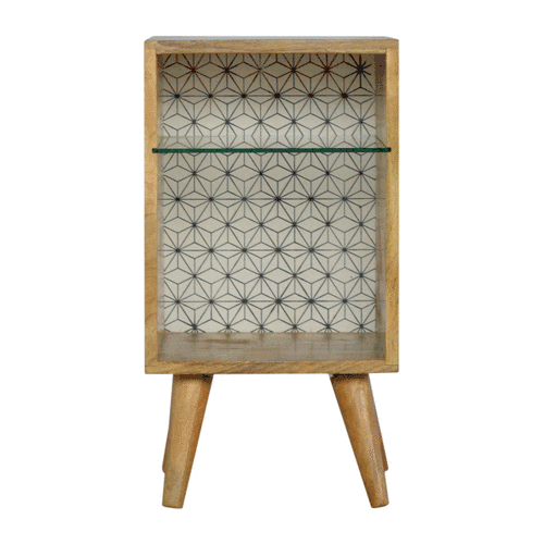 Solid Wood Bedside Table with 1 Glass Shelf and Geometric Screen 33x33x60cm - Image 10