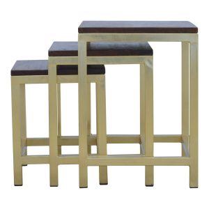 Golden Frame Nest Of 3 Tables With Wooden Top