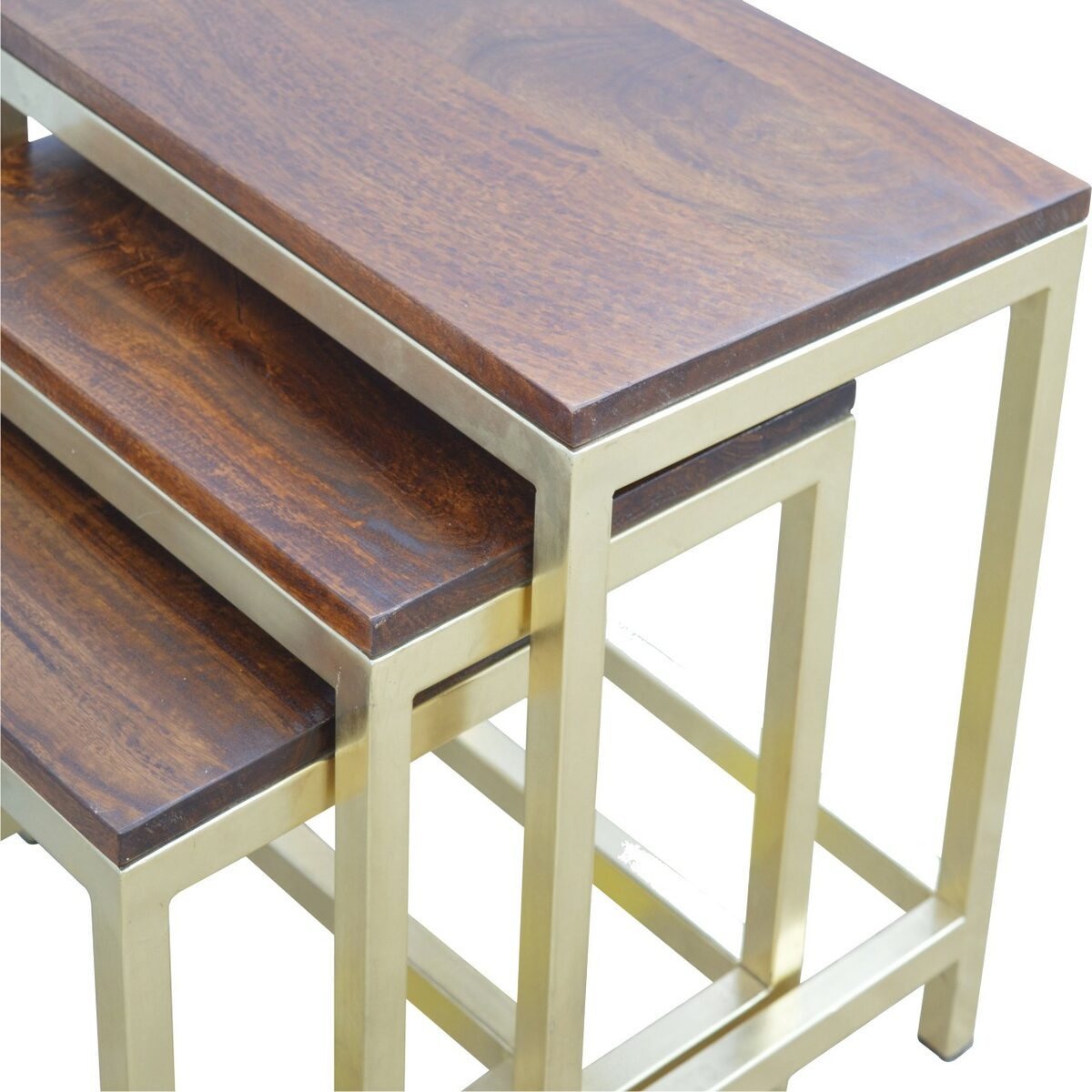 Golden Frame Nest Of 3 Tables With Wooden Top - Image 8