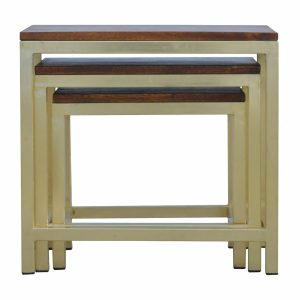 Golden Frame Nest Of 3 Tables With Wooden Top