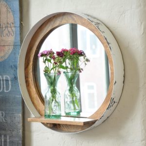 Urban Porthole Mirror w shelf Distressed White Recycled Drum Mango Wood