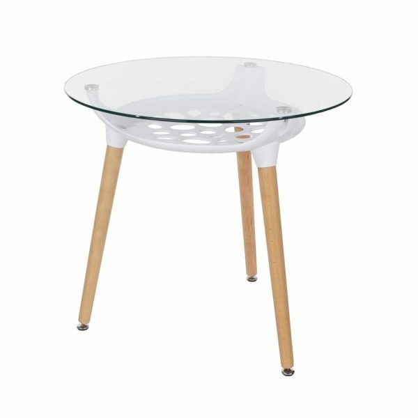 Aspen Core Glass Round Clear Glass Top Table With White Plastic Underframe &Amp; Wooden Legs