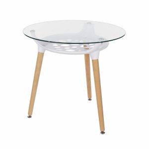 Aspen Core Glass Round Clear Glass Top Table With White Plastic Underframe & Wooden Legs