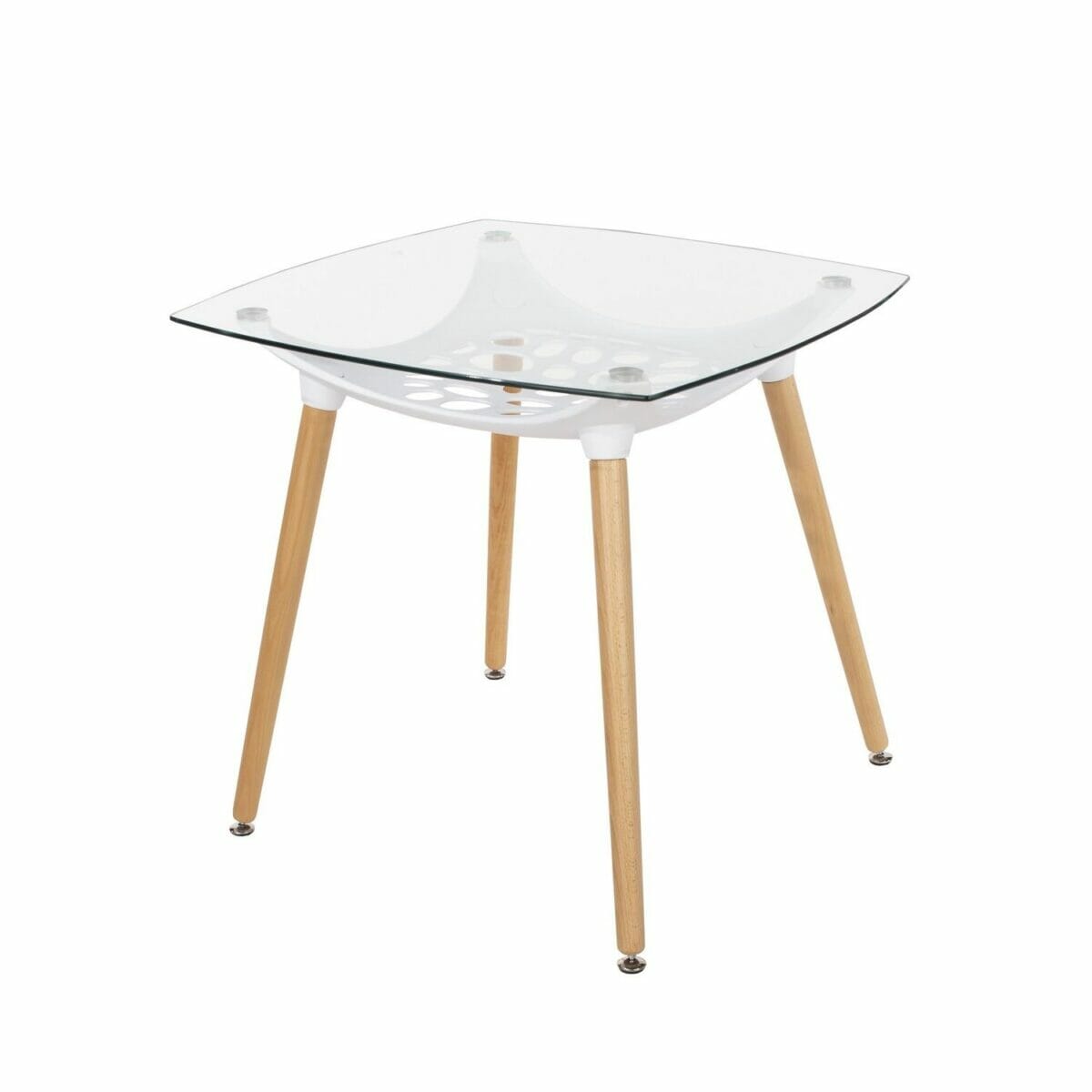 Aspen Core Glass Square Clear Glass Top Table With White Plastic Underframe & Wooden Legs