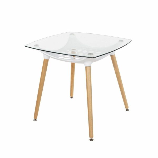 Aspen Core Glass Square Clear Glass Top Table With White Plastic Underframe &Amp; Wooden Legs