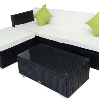 Black Rattan Garden Furniture Lounger & Coffee Table + Free Rain Cover Set & 2 Green Cushions