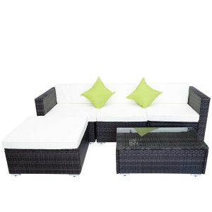 Brown Rattan Garden Furniture Lounger & Coffee Table + Free Rain Cover Set & 2 Green Cushions