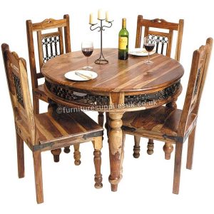 Light Jali Sheesham Round Dining Table 4 Chairs 100cm Solid Wood