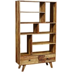 Oker Retro Vintage Bookcase 2 Drawer 8 Shelf Solid Sheesham Wood