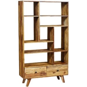 Oker Retro Vintage Bookcase 2 Drawer 9 Shelf Solid Sheesham Wood-sa-8252