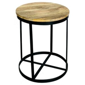 Ravi Industrial Iron Base Round Stool | Large Solid Mango Wood