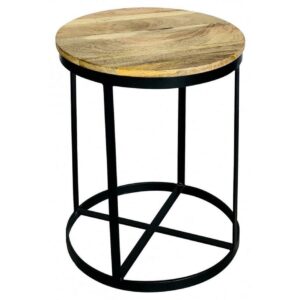 Ravi Industrial Iron Base Round Stool Large Solid Mango Wood