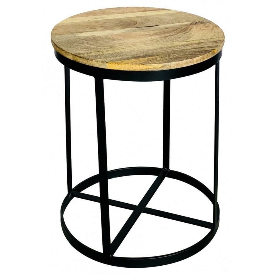 Ravi Industrial Iron Base Round Stool | Large Solid Mango Wood