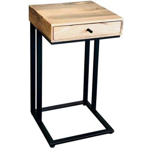 Ravi Industrial Iron Base 1 Drawer Side Table Small Solid Mango Wood