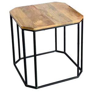 Ravi Industrial Iron Base Side Table Small Solid Mango Wood