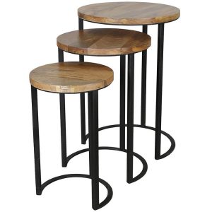 Ravi Industrial Iron Nest of 3 Round Tables Solid Mango Wood