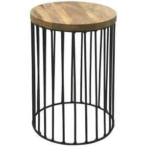 Ravi Industrial Iron Small Wood Top Side Table Solid Mango Wood