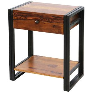 Shipra Industrial Bedside Table With Shelf Solid Sheesham Wood