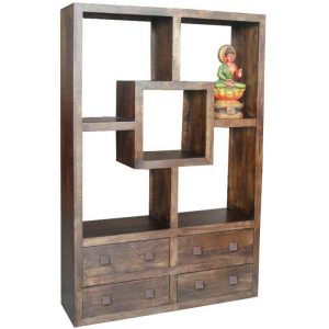 Yoga Straight Bookcase With 4 Drawers Walnut Colour