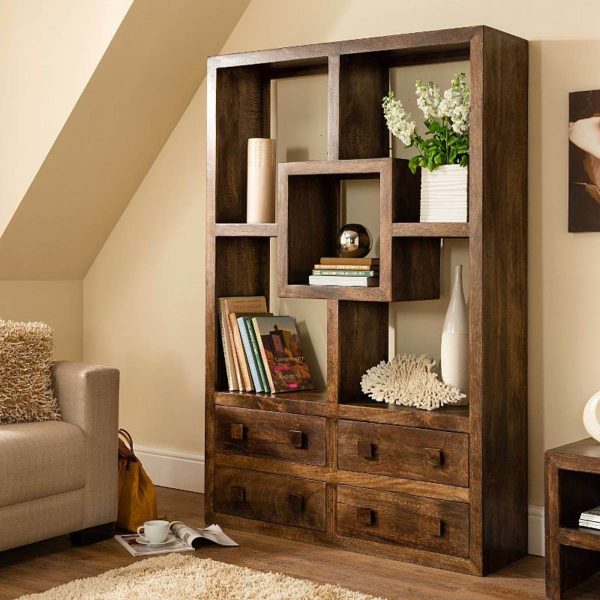 Yoga Straight Bookcase With 4 Drawers Walnut Colour Solid Mango Wood