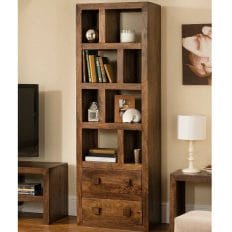 Yoga Tall Bookcase With 2 Drawers Walnut Colour Solid Mango Wood