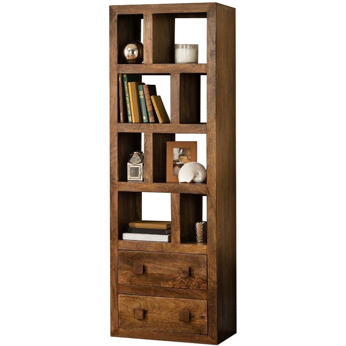 Yoga Tall Bookcase With 2 Drawers Walnut Colour Solid Mango Wood