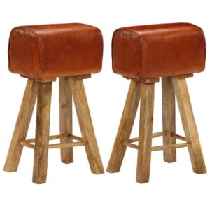 Bar Chairs 2 pcs Solid Mango Wood Real Leather 48x31x76 cm