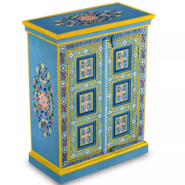 Small Mango Sideboard Solid Wood Turquoise Hand Painted