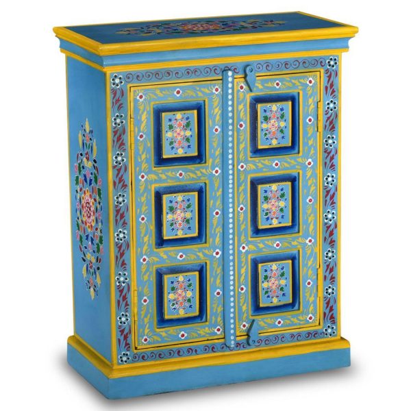 Small Sideboard Solid Mango Wood Turquoise Hand Painted