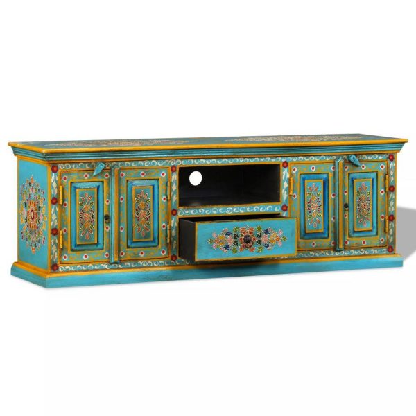 Tv Cabinet Solid Mango Wood Blue Indian Hand Painted