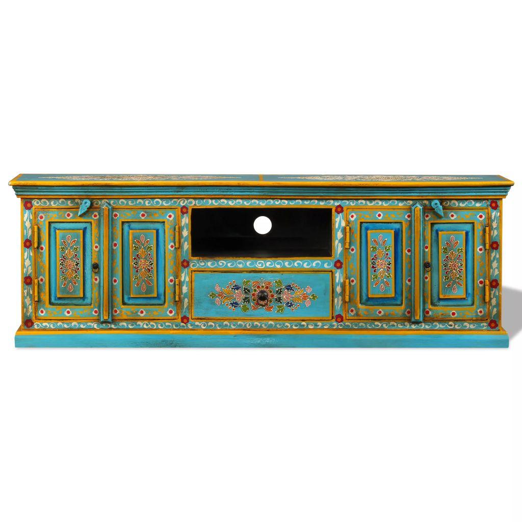 TV Cabinet Solid Mango Wood Blue Indian Hand Painted