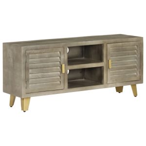 Louvre TV Cabinet Mango Wood Grey with Brass Fittings 110cm
