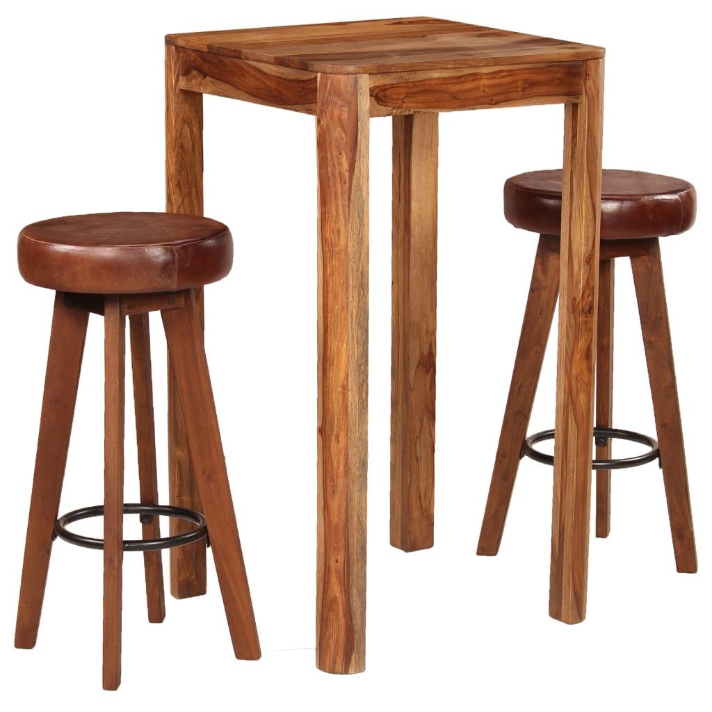 Bar Set 3 Pieces Solid Sheesham Wood Real Leather