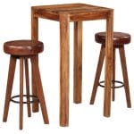 Bar Set 3 Pieces Solid Sheesham Wood Real Leather 2