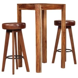 Bar Set 3 Pieces Solid Sheesham Wood Real Leather