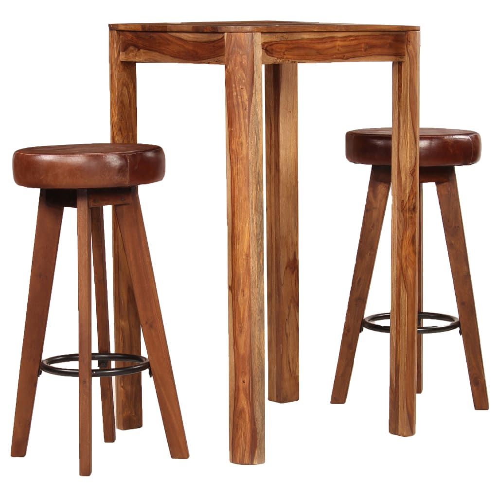 Bar Set 3 Pieces Solid Sheesham Wood Real Leather