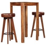 Bar Set 3 Pieces Solid Sheesham Wood Real Leather 1