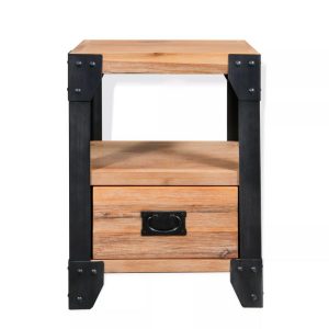 Bedside Chest Solid Acacia Wood and Black Steel 40cm