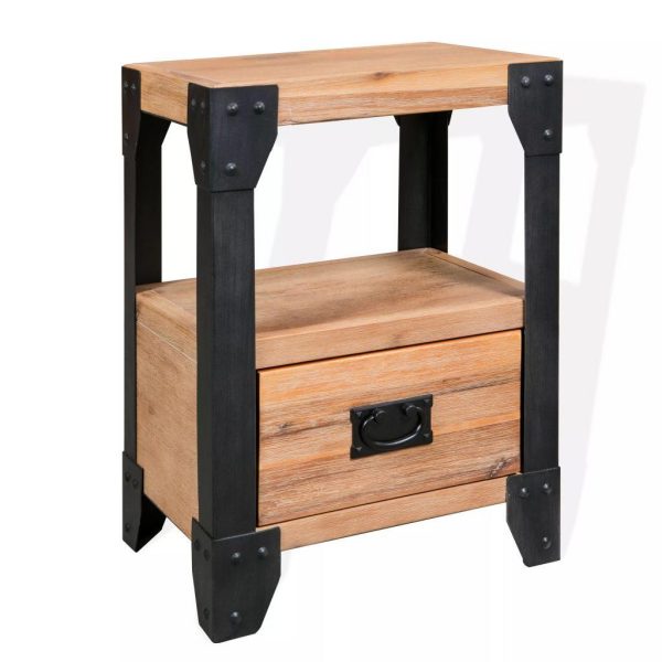 Bedside Chest Solid Acacia Wood and Black Steel 40cm