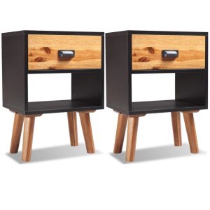 Pair of 2 Acacia Bedside Cabinets Black and Brown 40x30x58cm