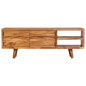 Tv Cabinet Solid Acacia Wood With Carved Doors 117X30X40 Cm