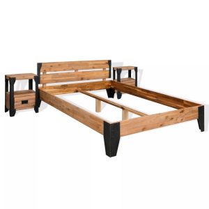 Bed Frame with 2 Nightstands Solid Acacia Wood Steel 180x200 cm