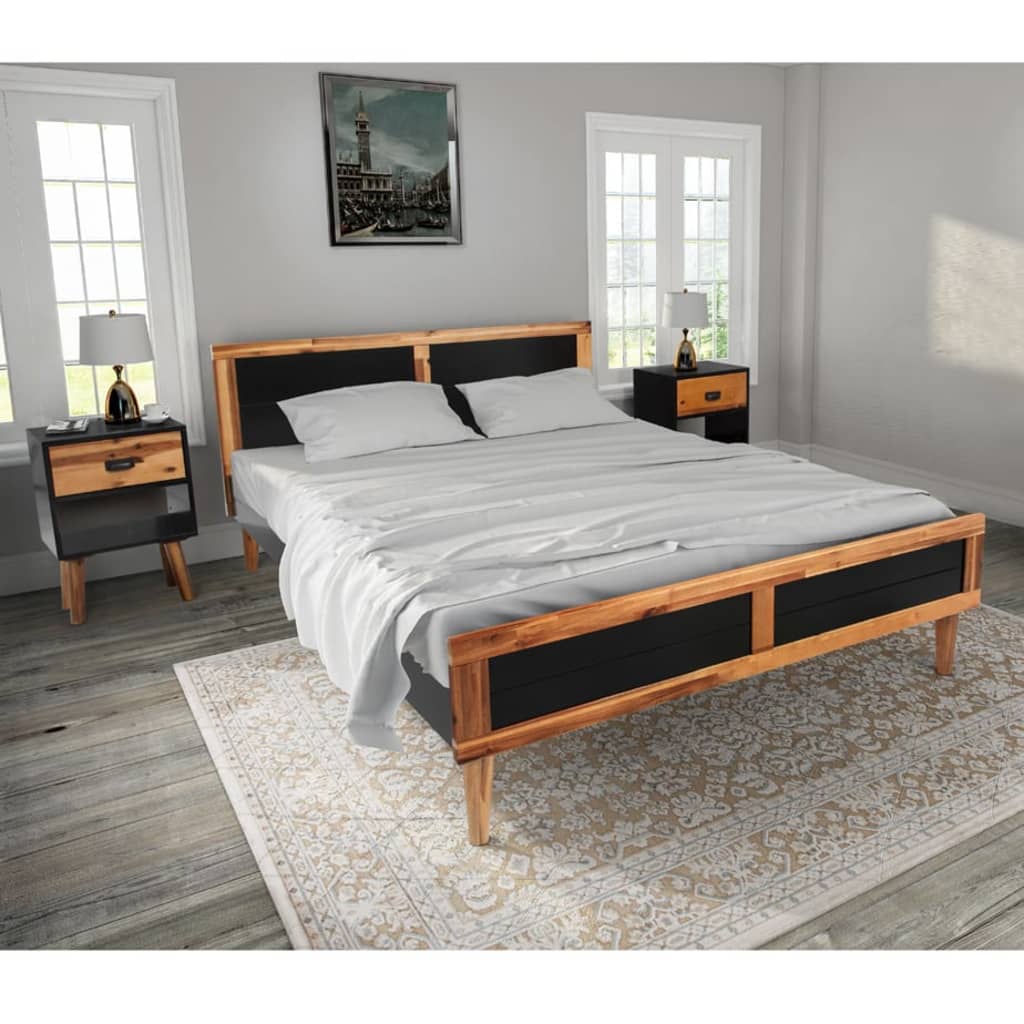 Bed Frame with Bedside Cabinets Solid Acacia Wood