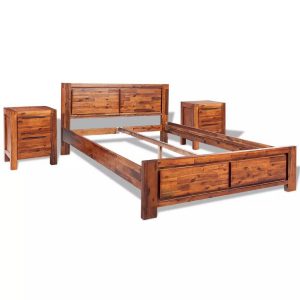 Bed with Nightstands Acacia Wood Brown 140x200 cm