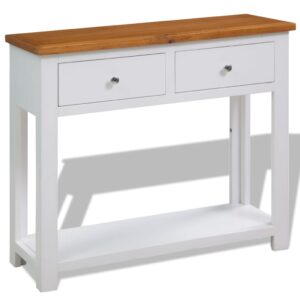 Colonial White Painted 2 Drawer Console Table Solid Oak Wood Top 83x30x73cm