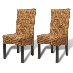 Set of 2 Abaca Brown Rattan Woven Dining Chairs