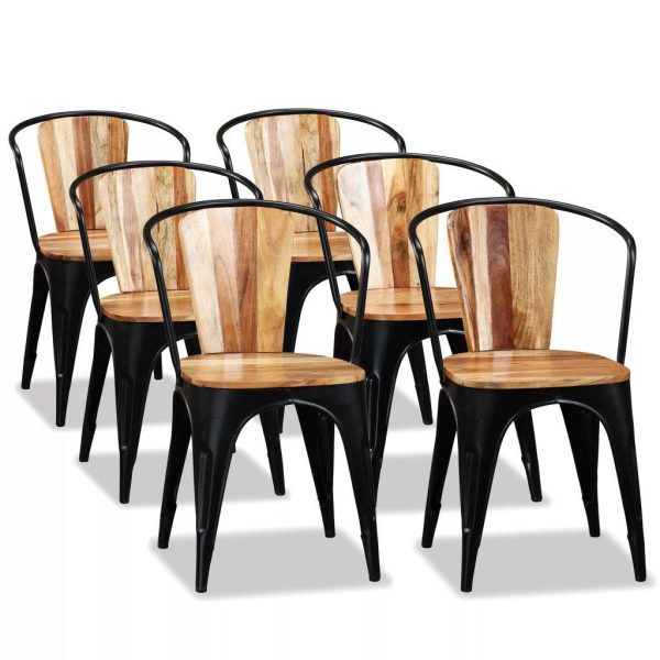 Set of 6 Black Metal Tub Dining Chairs Solid Acacia Wood Seat