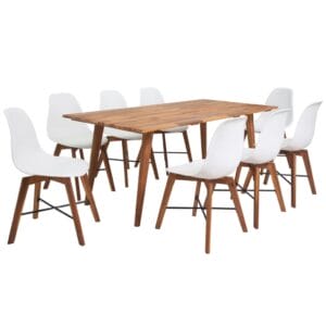 180cm Acacia Wood Dining Table Set with 8 White Chairs