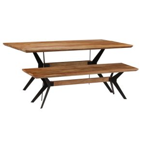 Dining Table and Bench Solid Acacia Wood Brown and Black